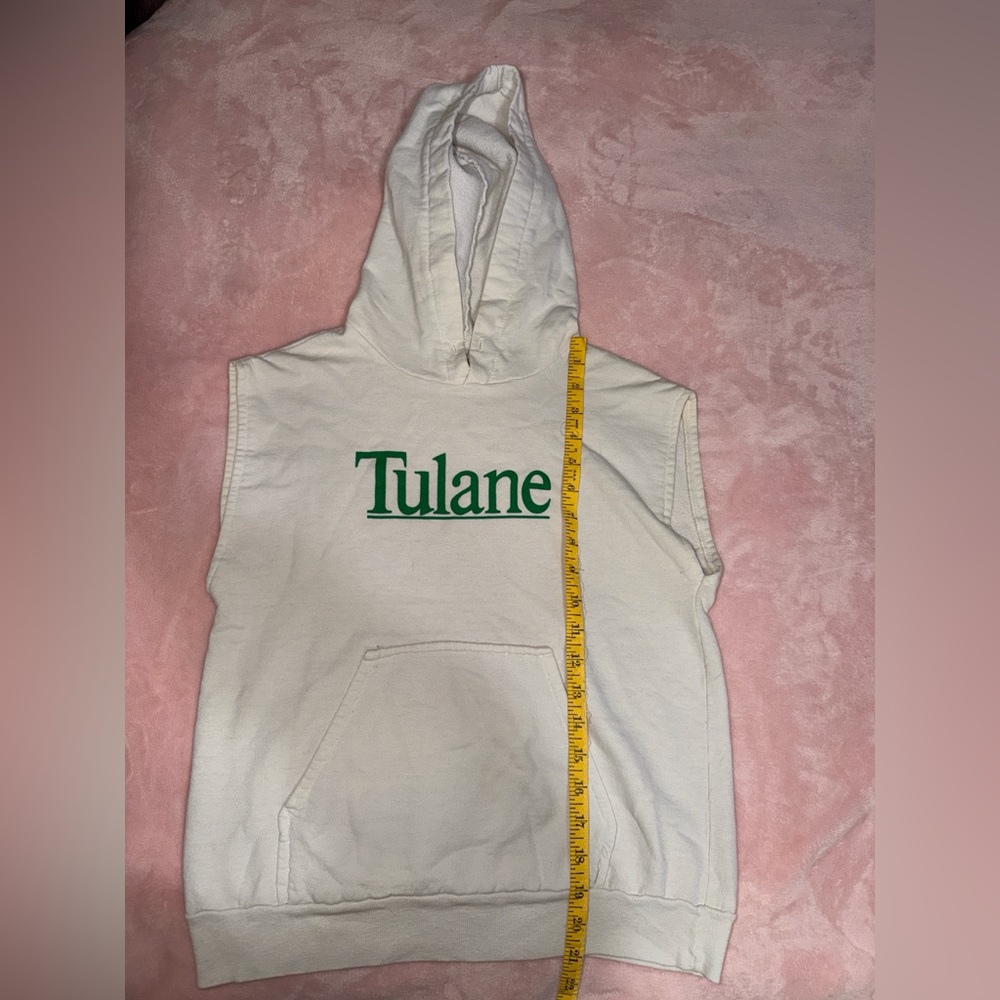 White Sleeveless Hoodie with Green Text